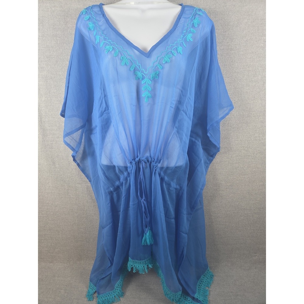 Cruise Club Embroidered Beach Swim Cover Up Drawstring Ocean Blue One Size NEW